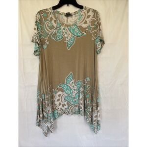 Chelsea & Theodore XL Tunic Top Boho Paisley Sharkbite Hem Stretch Beige Teal